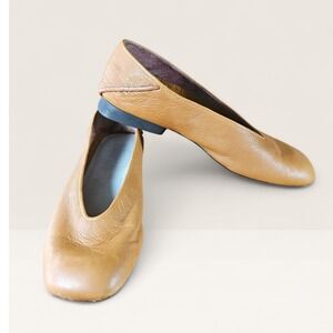 Camper Casi Myra Tan Leather Square Toe Ballet Flats V-Neck Shoes EU 37 US 7